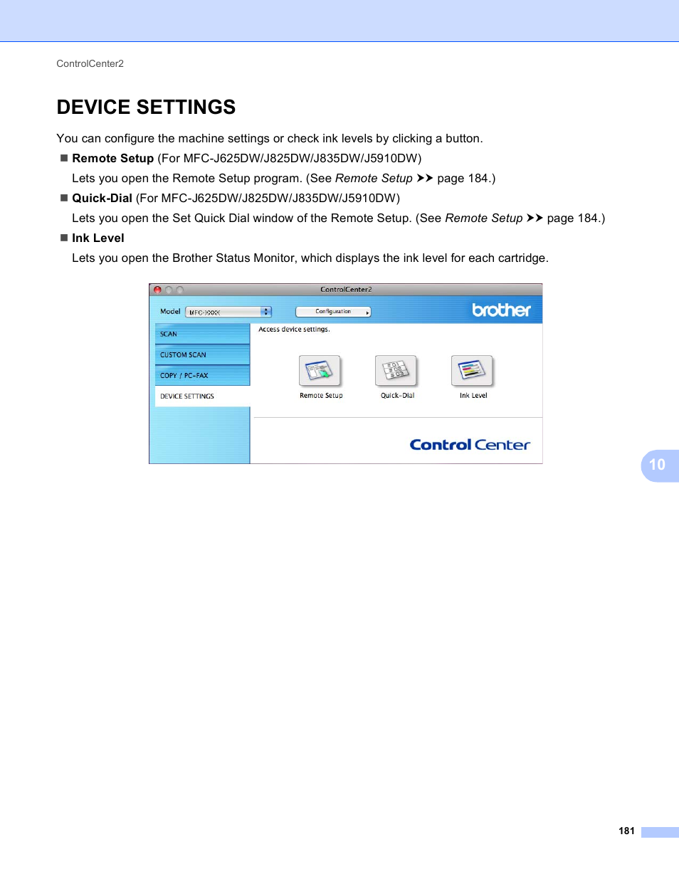 Device settings | Brother MFC-J825DW User Manual | Page 190 / 248