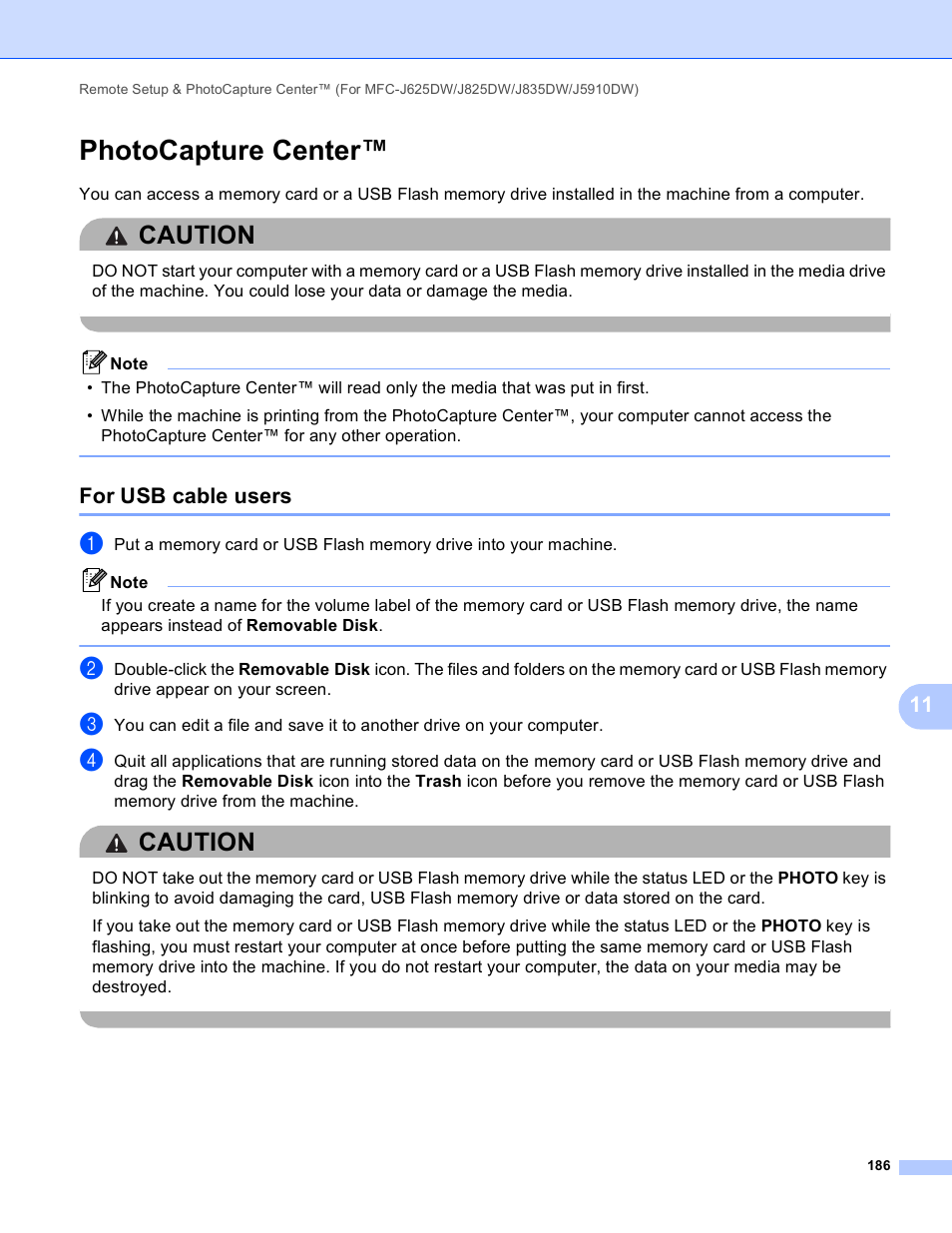 Photocapture center, For usb cable users, Caution | Brother MFC-J825DW User Manual | Page 195 / 248