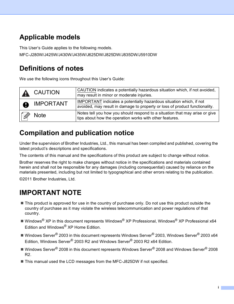 Applicable models, Definitions of notes, Compilation and publication notice | Important note, Caution, Important | Brother MFC-J825DW User Manual | Page 2 / 248