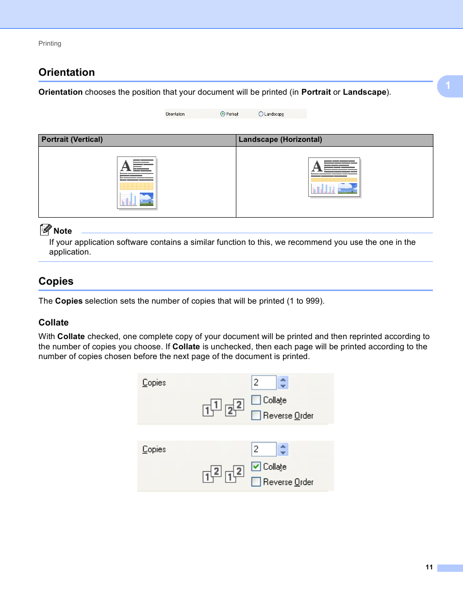 Orientation, Copies, Collate | Orientation copies, 1orientation, Portrait (vertical) landscape (horizontal) | Brother MFC-J825DW User Manual | Page 20 / 248