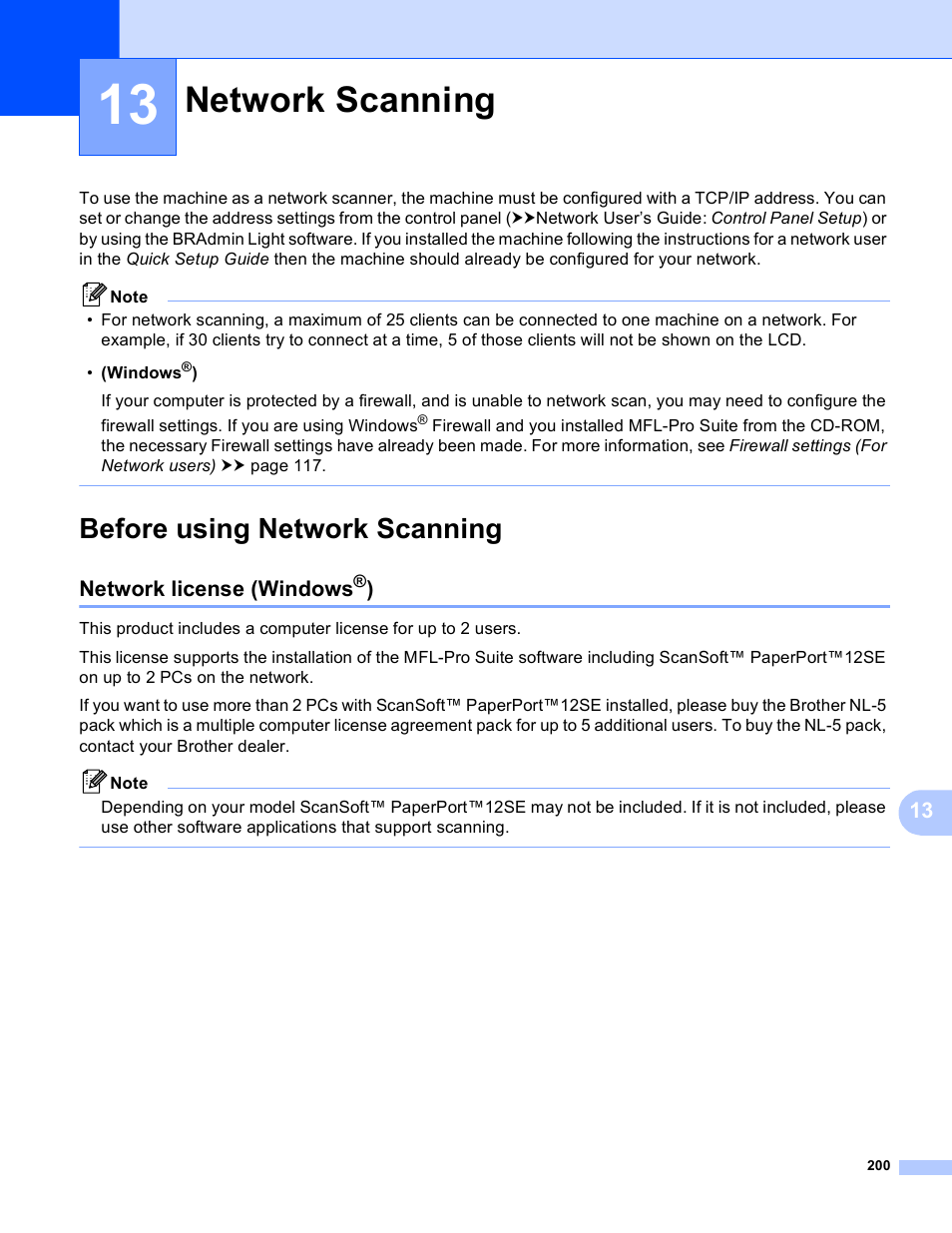 13 network scanning, Before using network scanning, Network license (windows®) | Network scanning, Network license (windows | Brother MFC-J825DW User Manual | Page 209 / 248