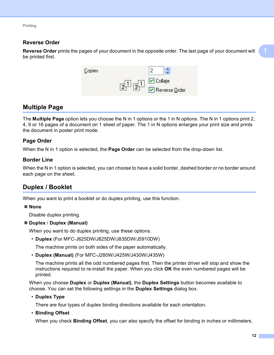 Reverse order, Border line, Duplex / booklet | Multiple page, Page order | Brother MFC-J825DW User Manual | Page 21 / 248