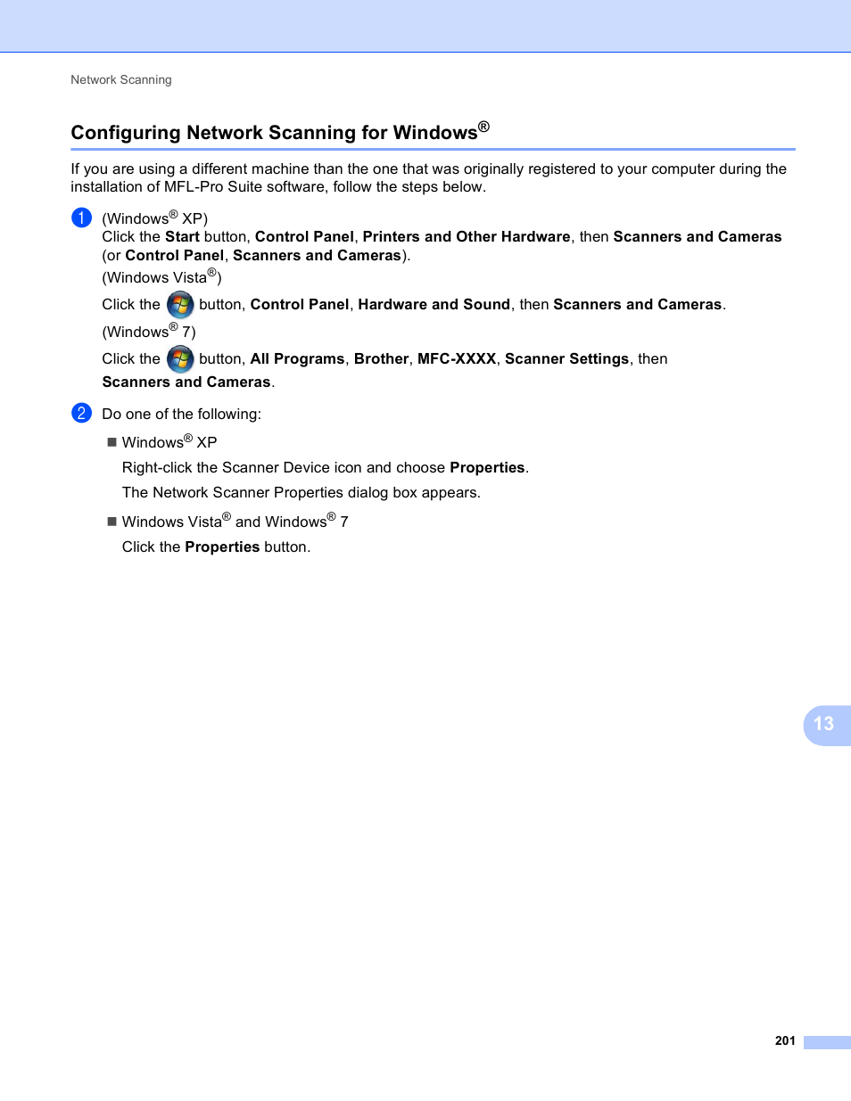 Configuring network scanning for windows, 13 configuring network scanning for windows | Brother MFC-J825DW User Manual | Page 210 / 248