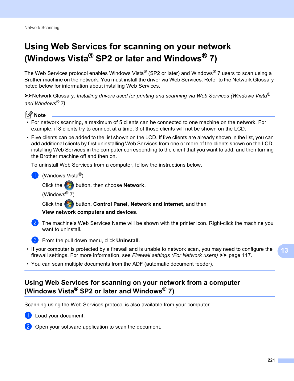 Using web services for scanning on your network, Windows vista, Sp2 or later and windows | Brother MFC-J825DW User Manual | Page 230 / 248