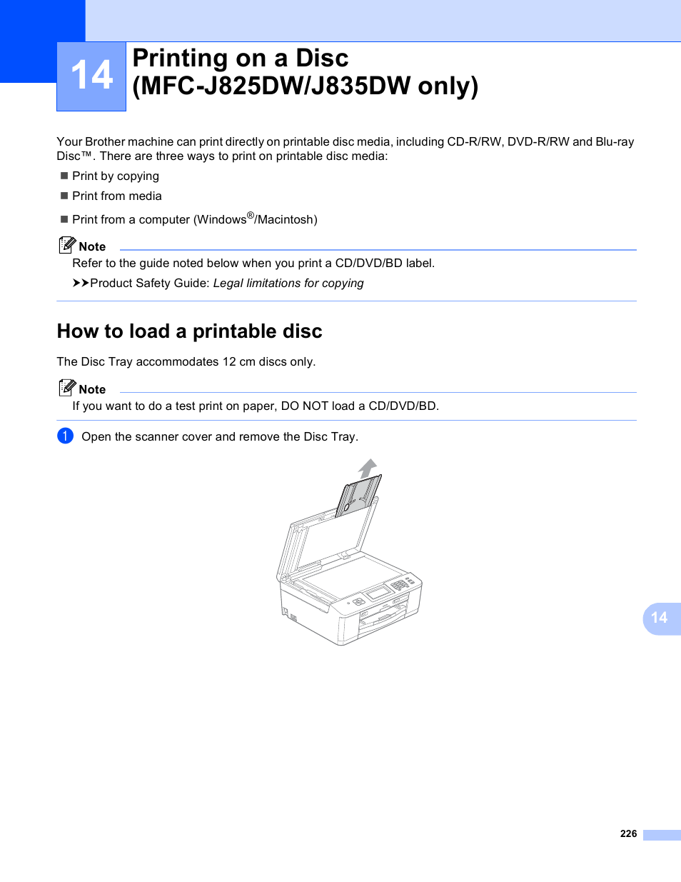 14 printing on a disc (mfc-j825dw/j835dw only), How to load a printable disc, Printing on a disc (mfc-j825dw/j835dw only) | Brother MFC-J825DW User Manual | Page 235 / 248