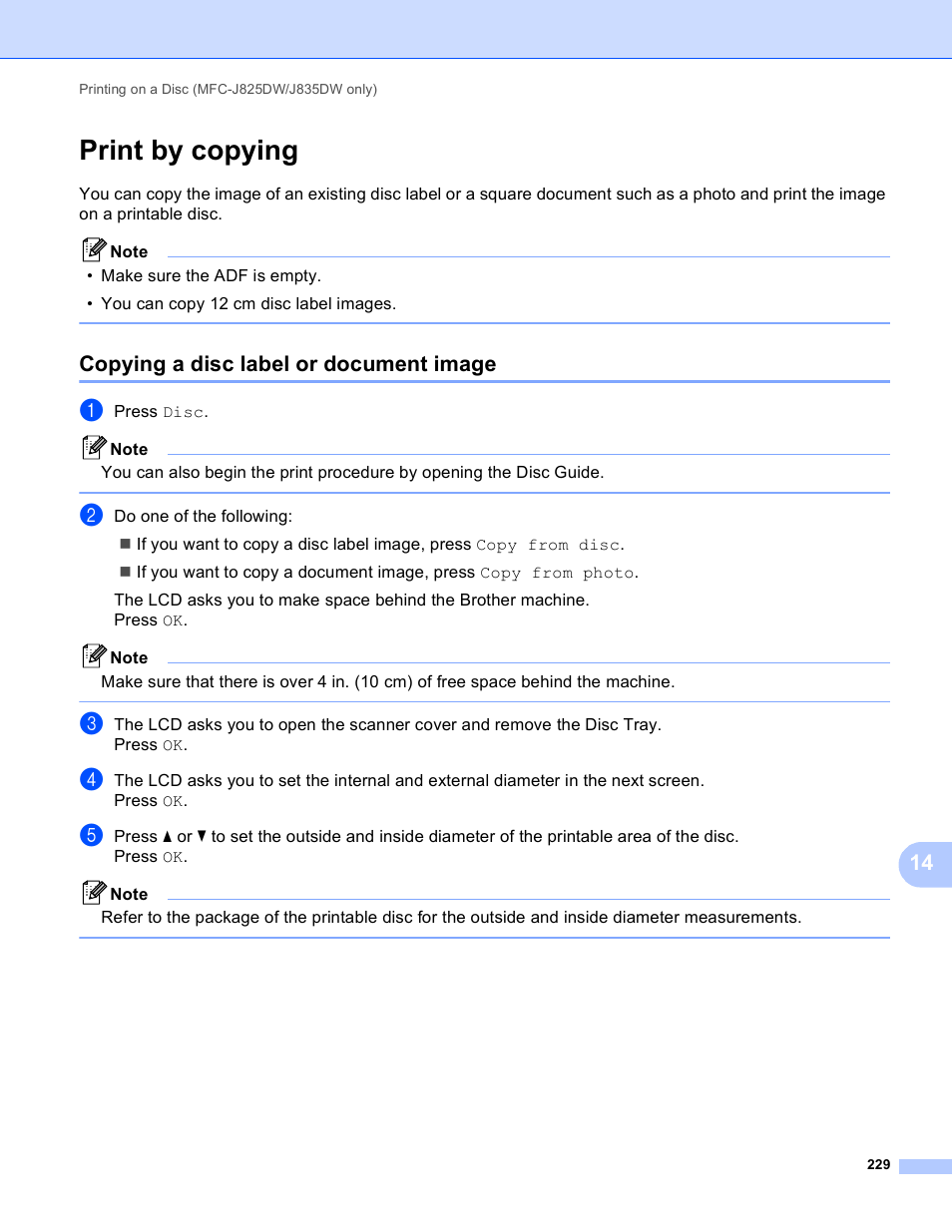 Print by copying, Copying a disc label or document image | Brother MFC-J825DW User Manual | Page 238 / 248