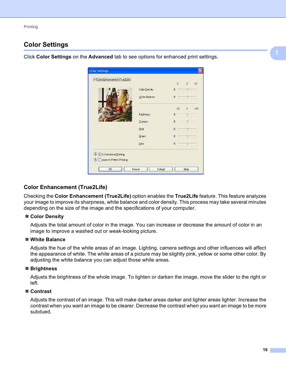 Color settings, Color enhancement (true2life), 1color settings | Brother MFC-J825DW User Manual | Page 25 / 248