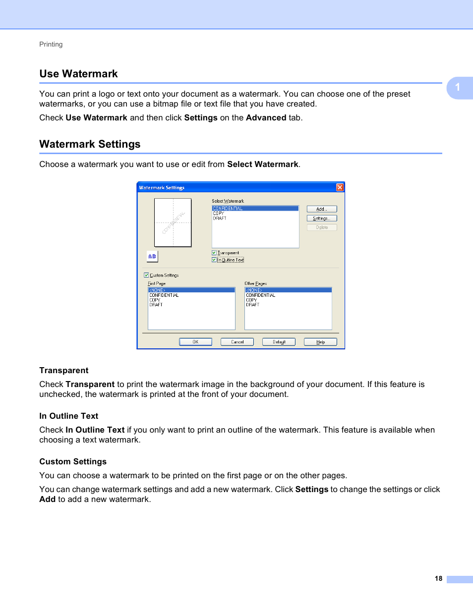 Use watermark, Watermark settings, Use watermark watermark settings | 1use watermark, Transparent | Brother MFC-J825DW User Manual | Page 27 / 248