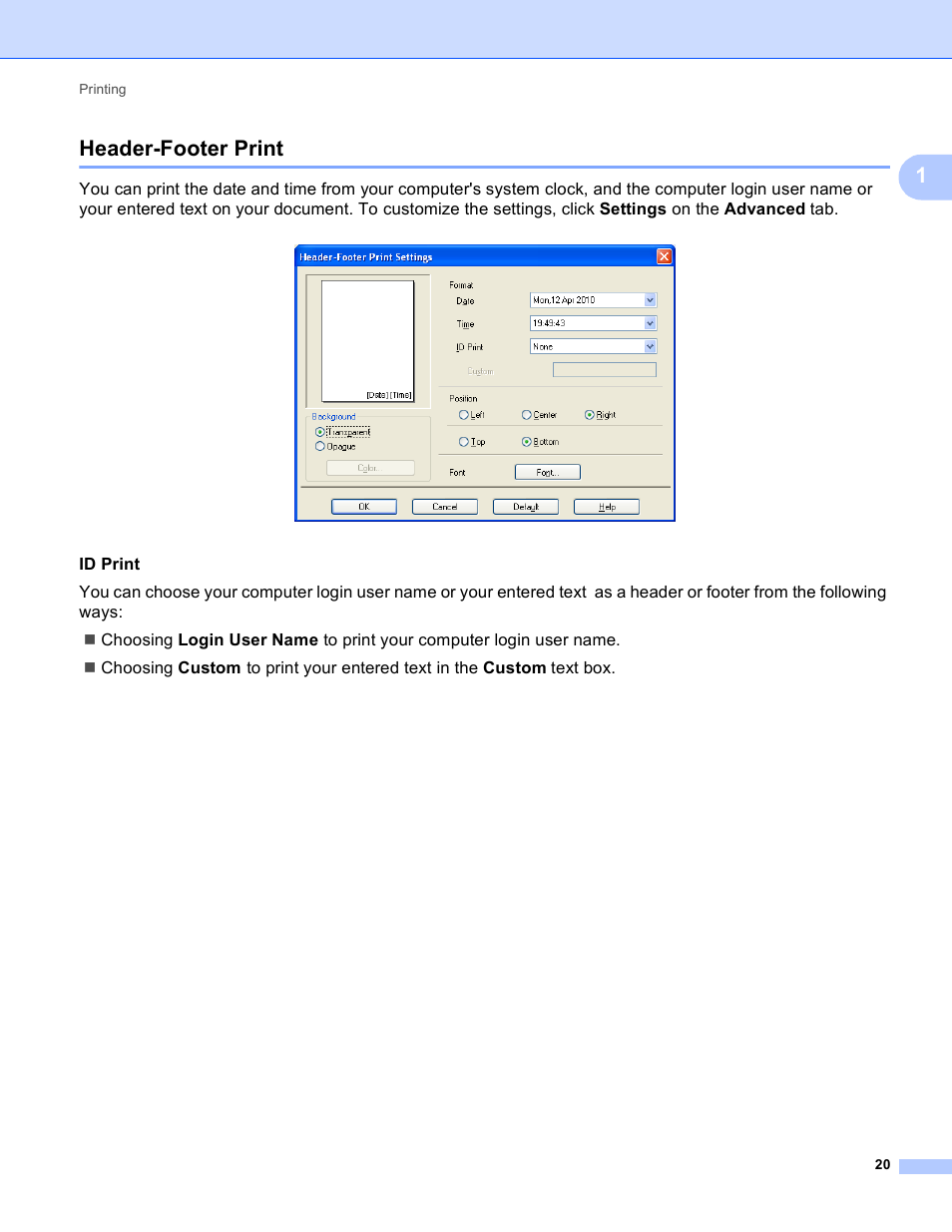 Header-footer print, 1header-footer print | Brother MFC-J825DW User Manual | Page 29 / 248