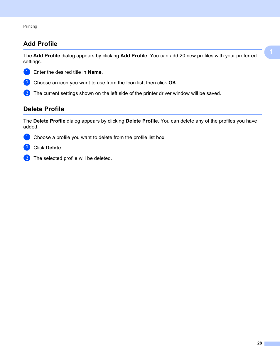 Add profile, Delete profile, Add profile delete profile | 1add profile | Brother MFC-J825DW User Manual | Page 37 / 248