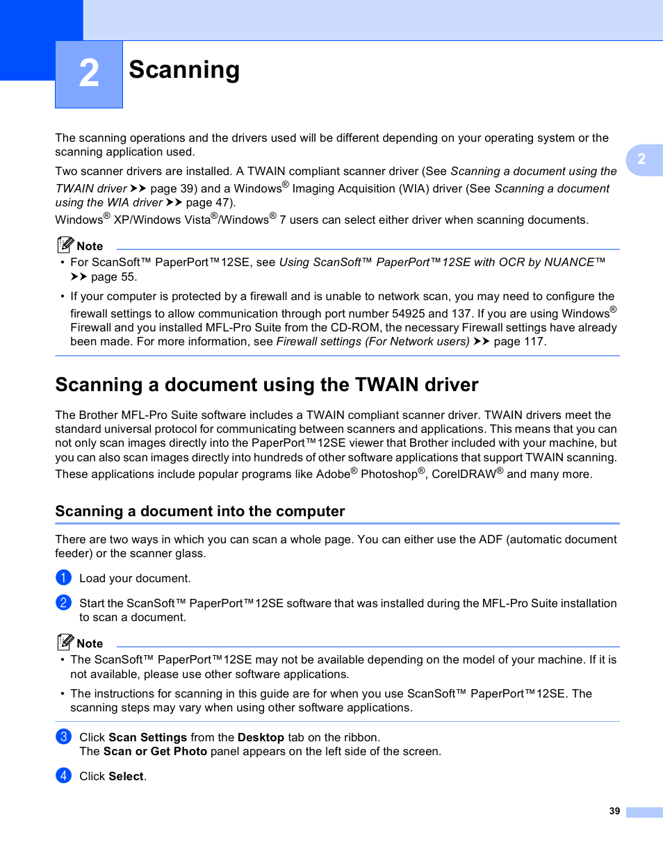 2 scanning, Scanning a document using the twain driver, Scanning a document into the computer | Scanning | Brother MFC-J825DW User Manual | Page 48 / 248