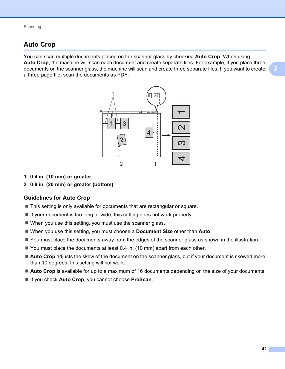 Auto crop, Guidelines for auto crop, 2auto crop | Brother MFC-J825DW User Manual | Page 51 / 248