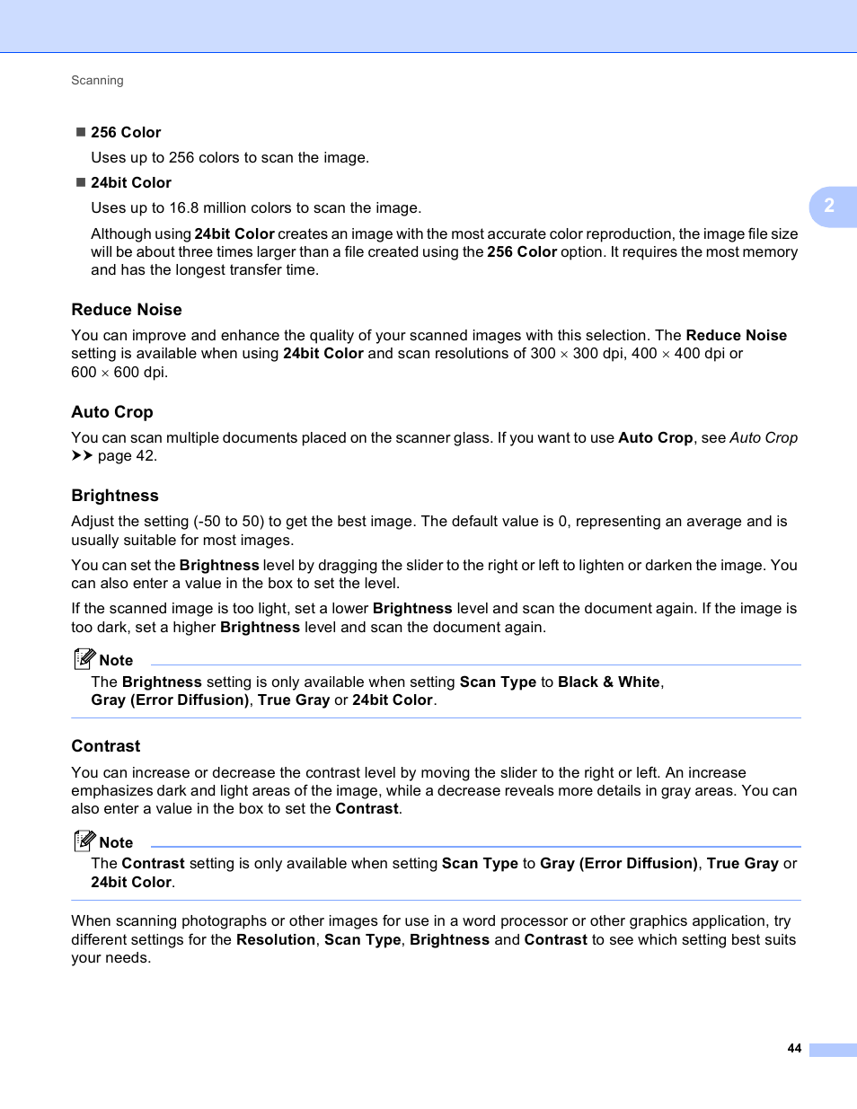 Reduce noise, Auto crop, Brightness | Contrast | Brother MFC-J825DW User Manual | Page 53 / 248