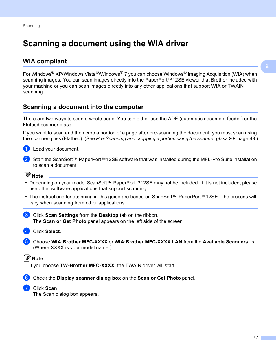 Scanning a document using the wia driver, Wia compliant, Scanning a document into the computer | Scanning a document | Brother MFC-J825DW User Manual | Page 56 / 248