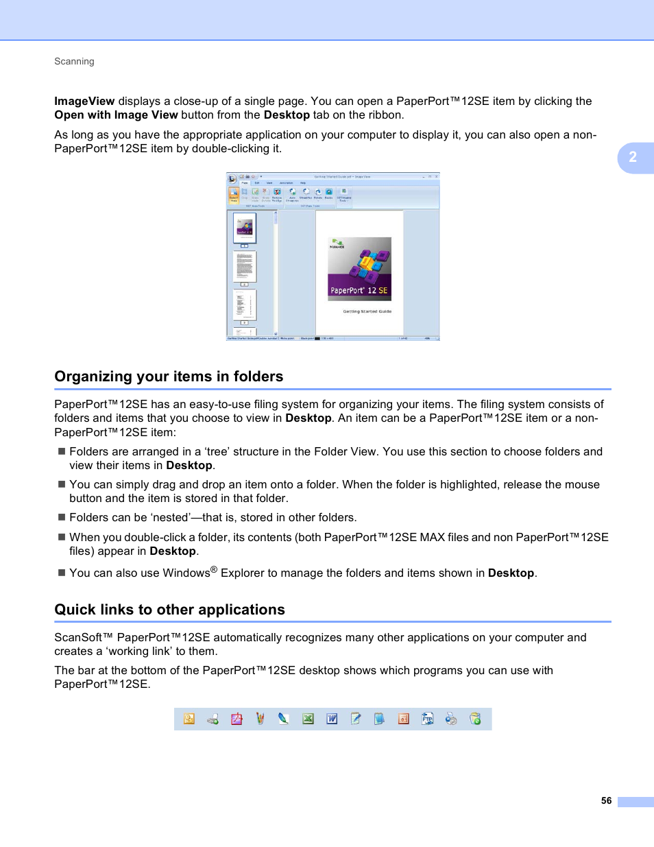 Organizing your items in folders, Quick links to other applications | Brother MFC-J825DW User Manual | Page 65 / 248