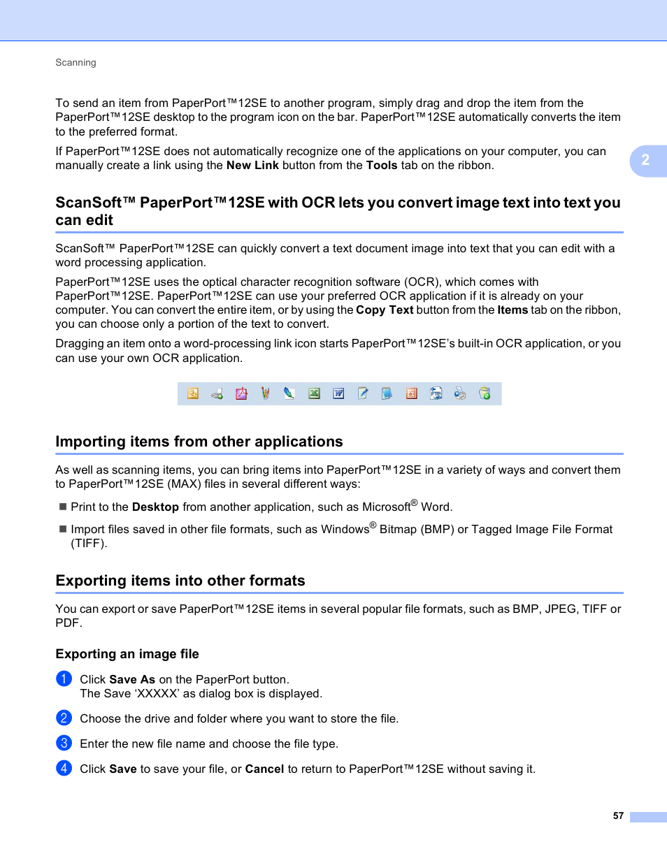 Importing items from other applications, Exporting items into other formats, Exporting an image file | Brother MFC-J825DW User Manual | Page 66 / 248