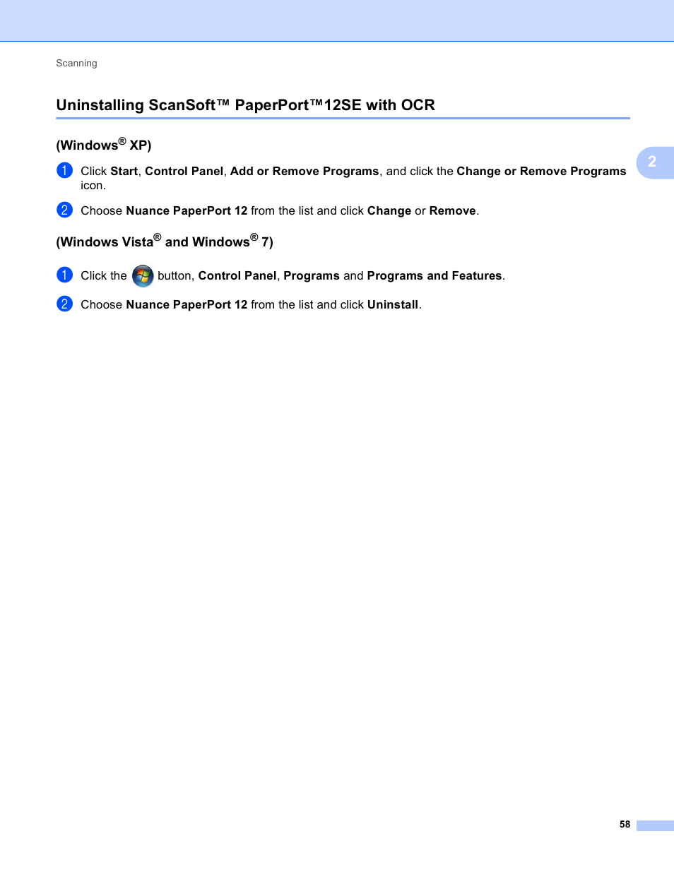 Uninstalling scansoft™ paperport™12se with ocr, Windows® xp), Windows vista® and windows® 7) | 2uninstalling scansoft™ paperport™12se with ocr | Brother MFC-J825DW User Manual | Page 67 / 248