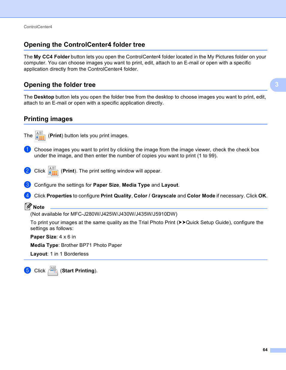 Opening the controlcenter4 folder tree, Opening the folder tree, Printing images | 3opening the controlcenter4 folder tree | Brother MFC-J825DW User Manual | Page 73 / 248