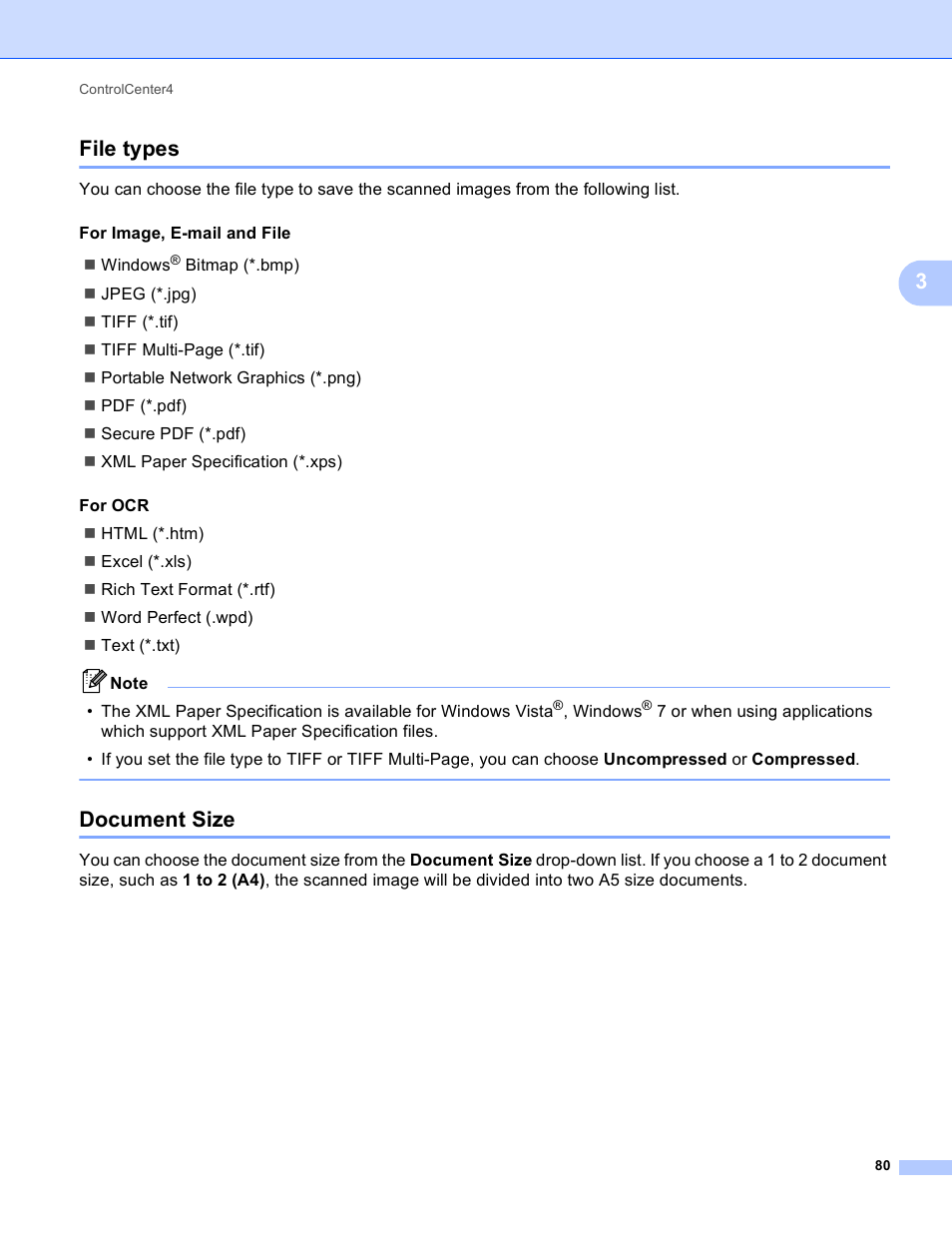 File types, Document size, File types document size | 3file types | Brother MFC-J825DW User Manual | Page 89 / 248