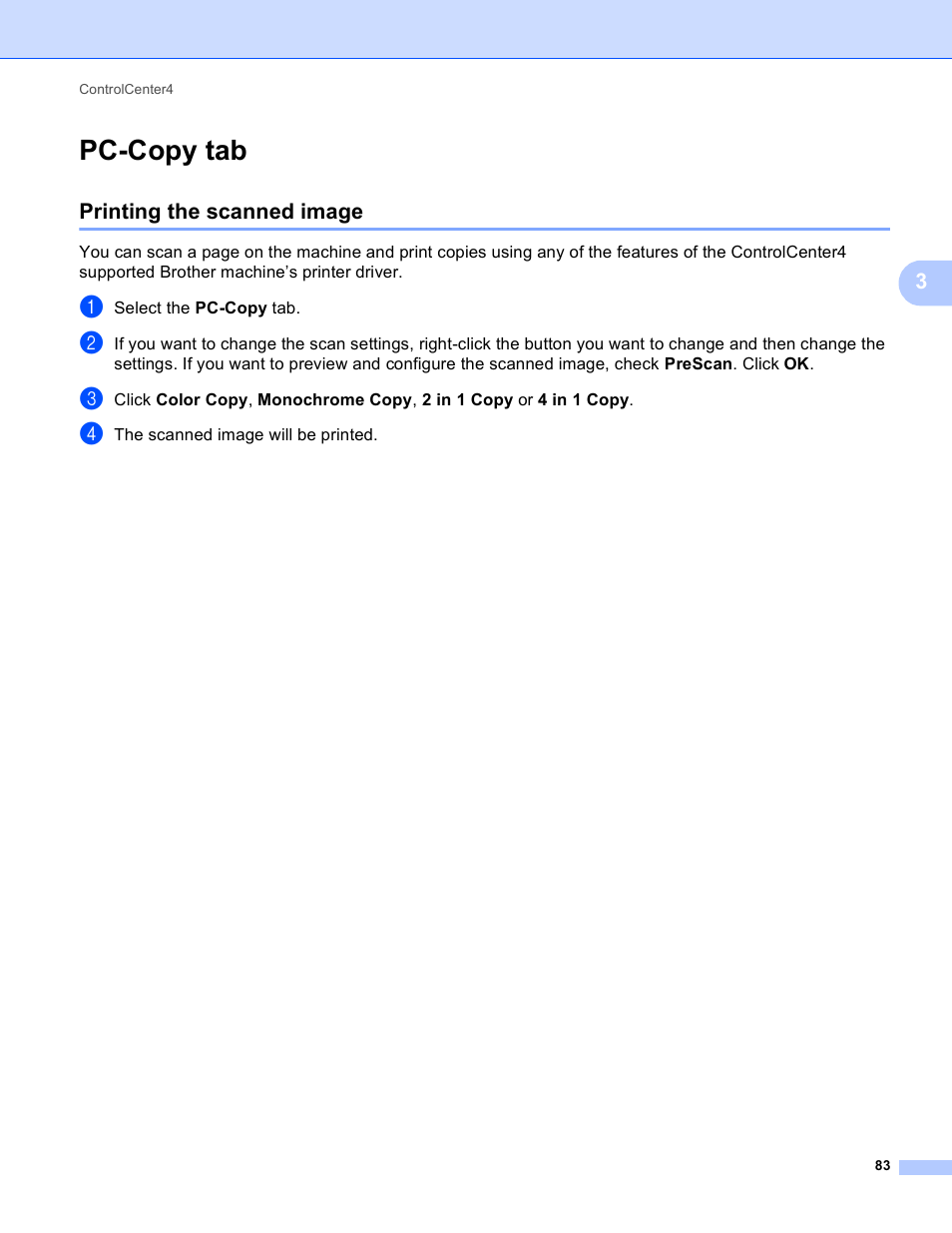 Pc-copy tab, Printing the scanned image | Brother MFC-J825DW User Manual | Page 92 / 248