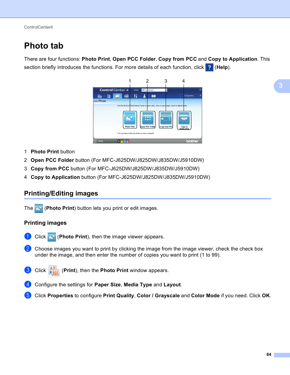 Photo tab, Printing/editing images, Printing images | Brother MFC-J825DW User Manual | Page 93 / 248