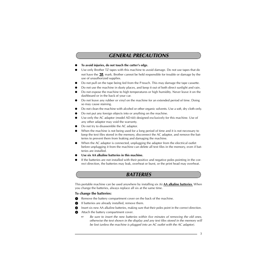 General precautions, Batteries, General precautions batteries | Brother PT-1910 User Manual | Page 11 / 114