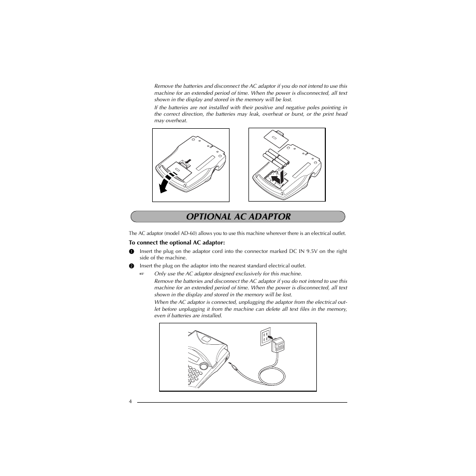 Optional ac adaptor | Brother PT-1910 User Manual | Page 12 / 114