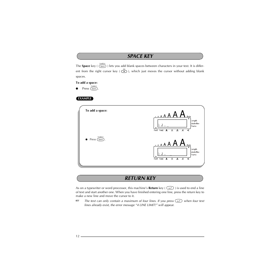 Space key, Return key | Brother PT-1910 User Manual | Page 20 / 114