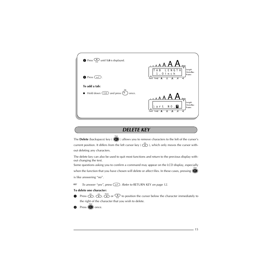 Delete key | Brother PT-1910 User Manual | Page 23 / 114