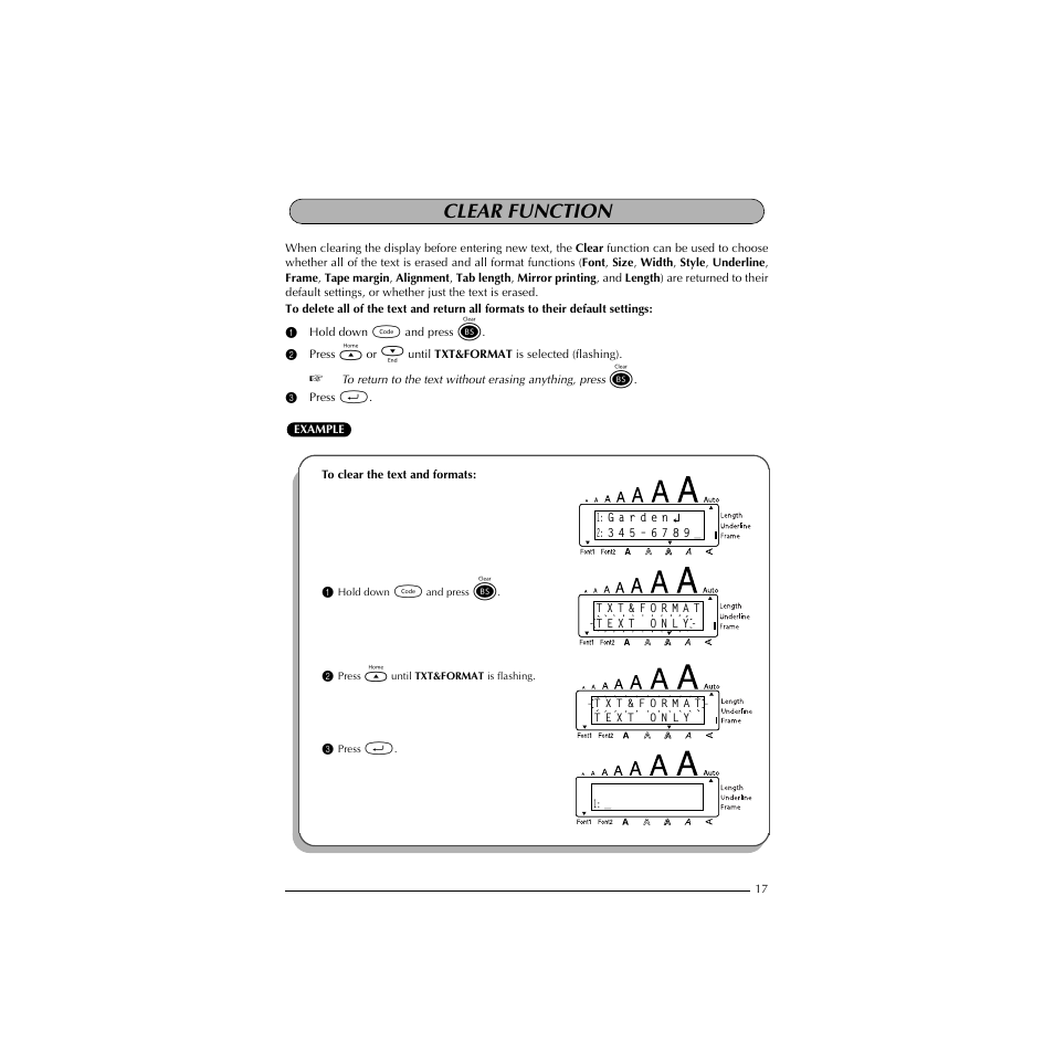 Clear function | Brother PT-1910 User Manual | Page 25 / 114