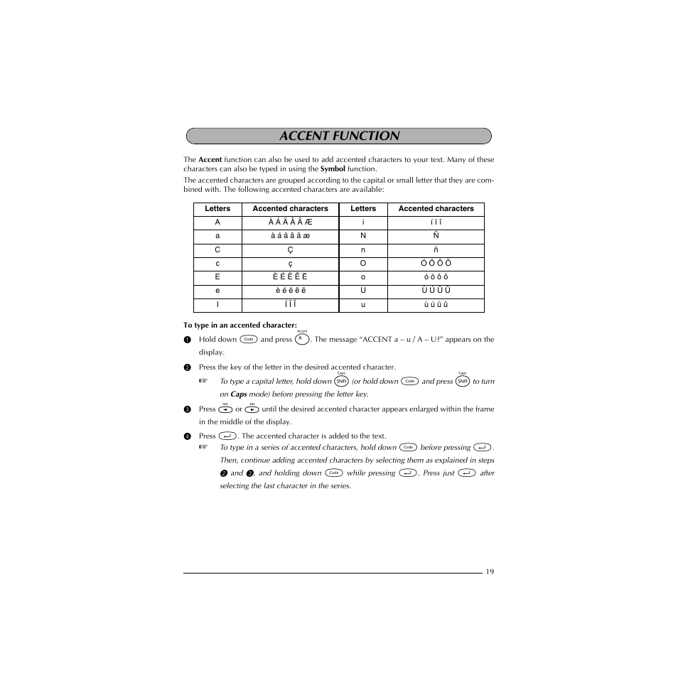 Accent function | Brother PT-1910 User Manual | Page 27 / 114