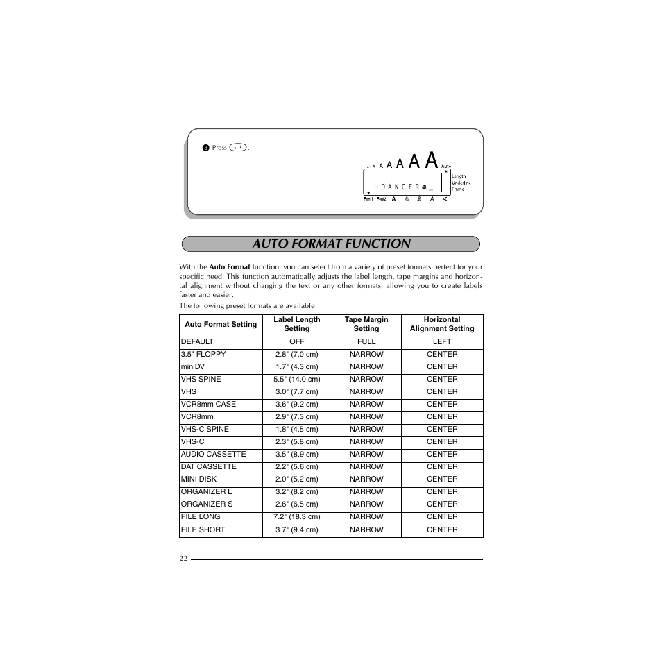 Auto format function | Brother PT-1910 User Manual | Page 30 / 114