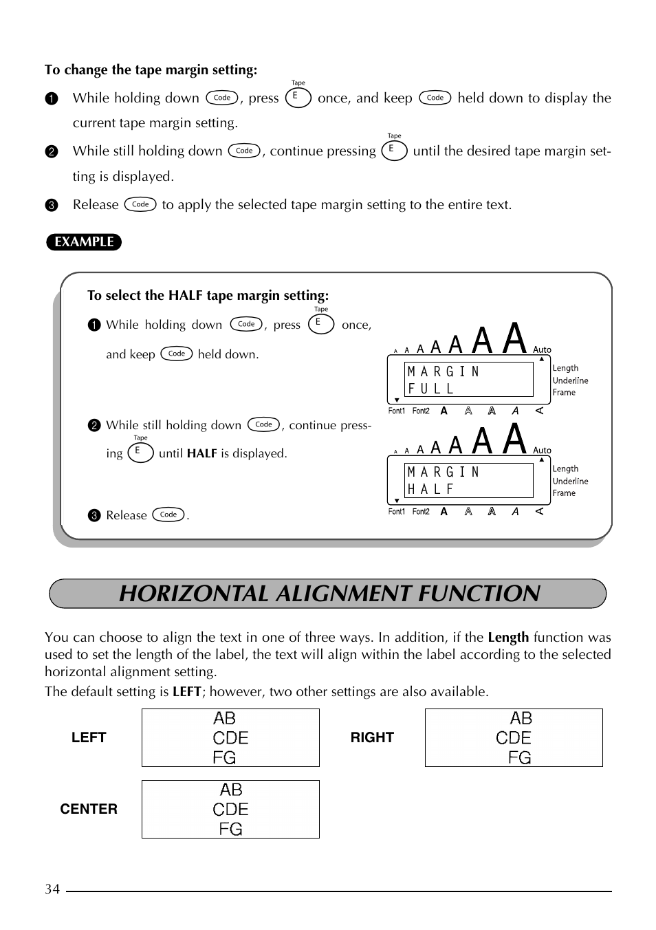 Horizontal alignment function | Brother PT-1910 User Manual | Page 42 / 114