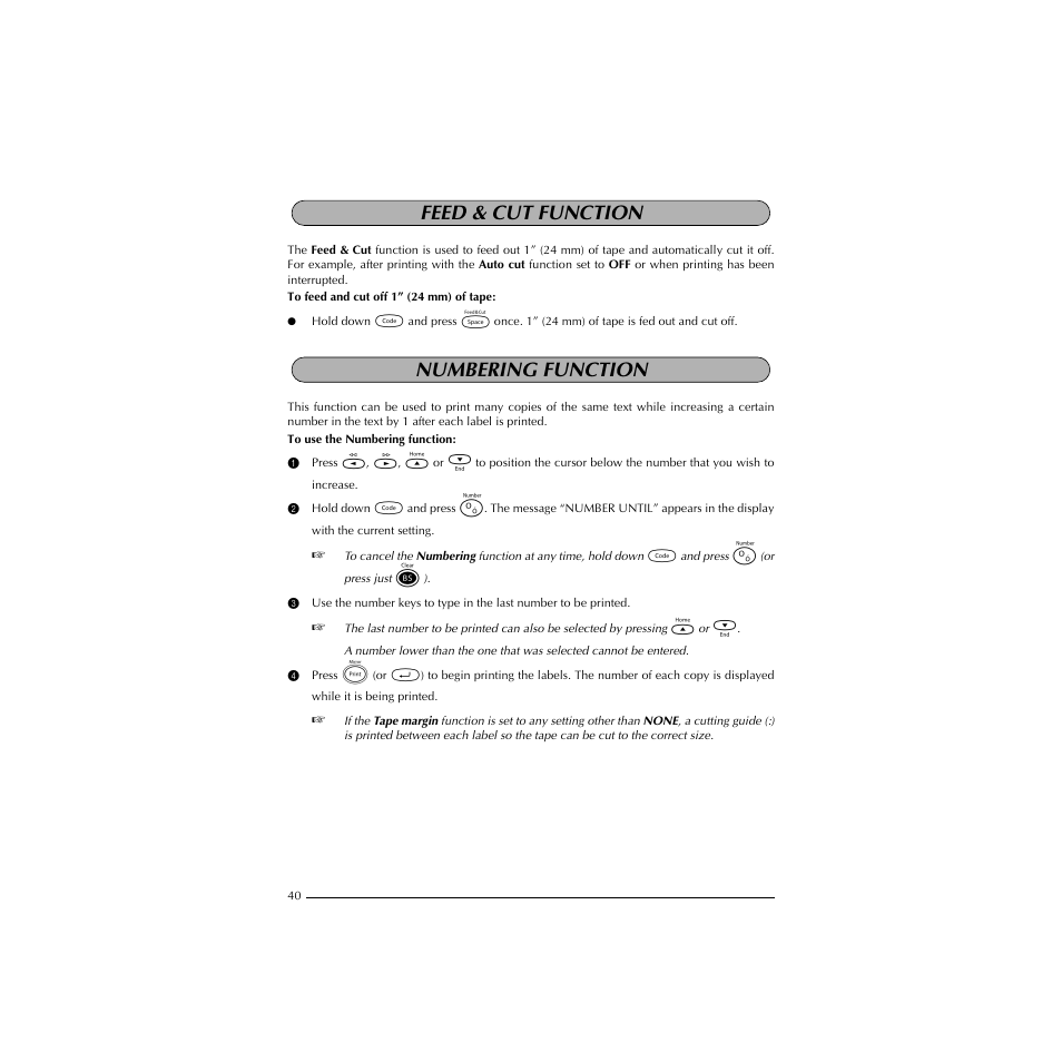 Feed & cut function, Numbering function, Feed & cut function numbering function | Brother PT-1910 User Manual | Page 48 / 114