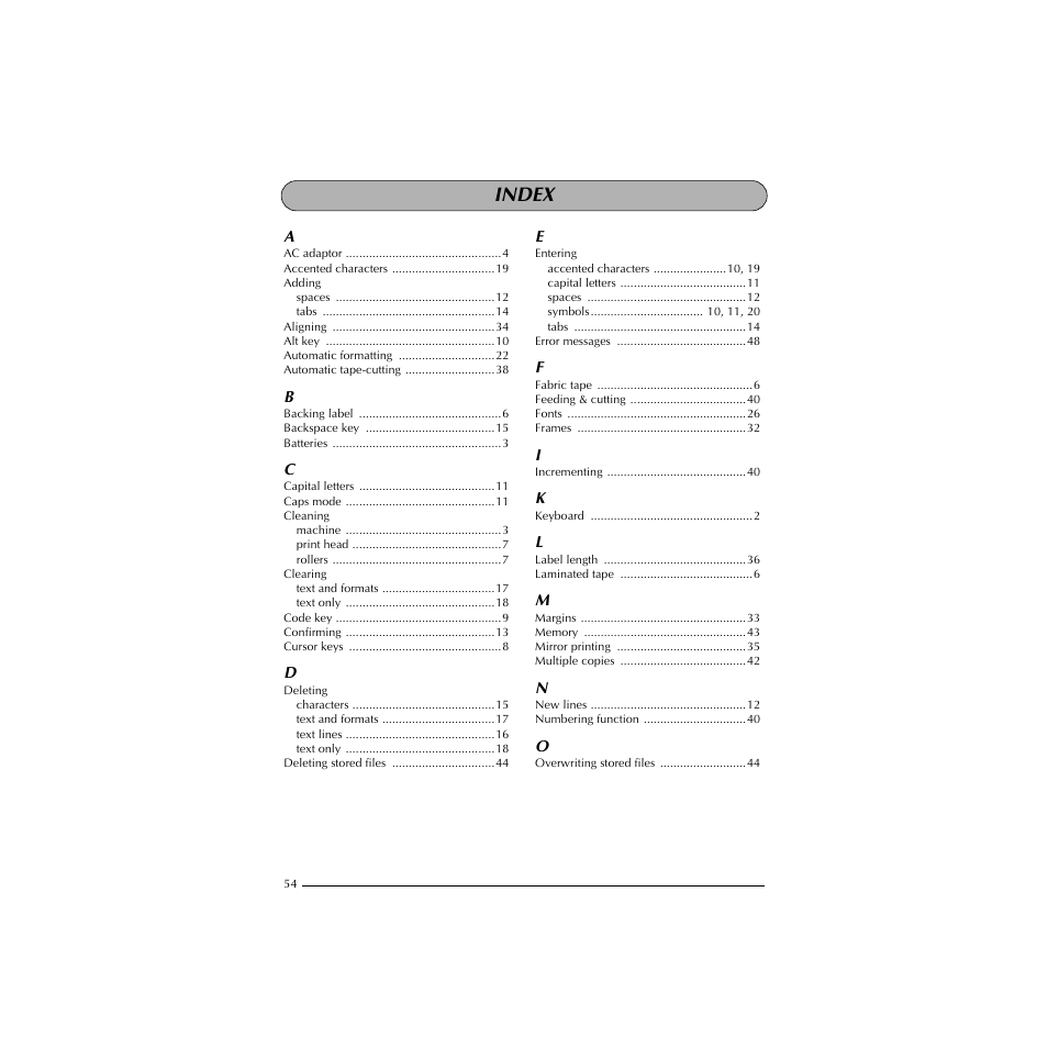 Index | Brother PT-1910 User Manual | Page 62 / 114