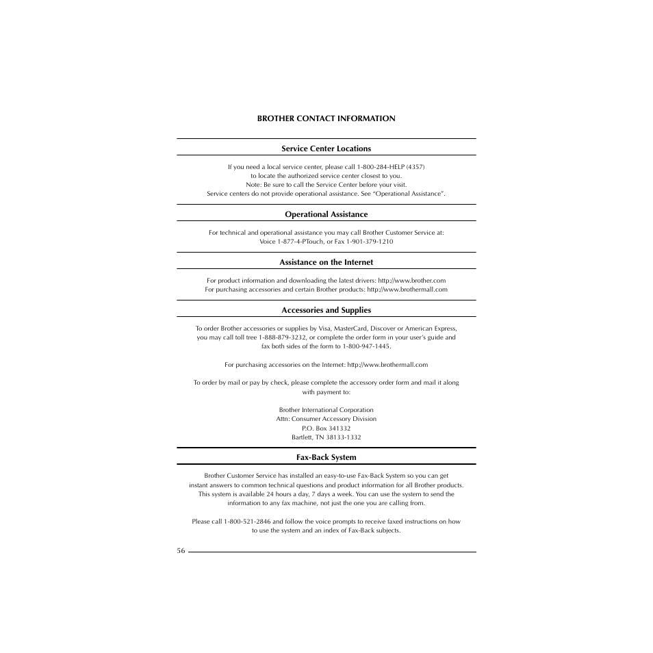 Brother contact information | Brother PT-1910 User Manual | Page 64 / 114