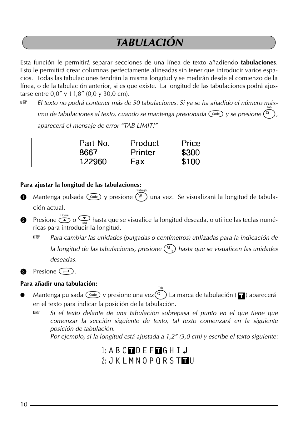 Tabulación | Brother PT-1910 User Manual | Page 82 / 114