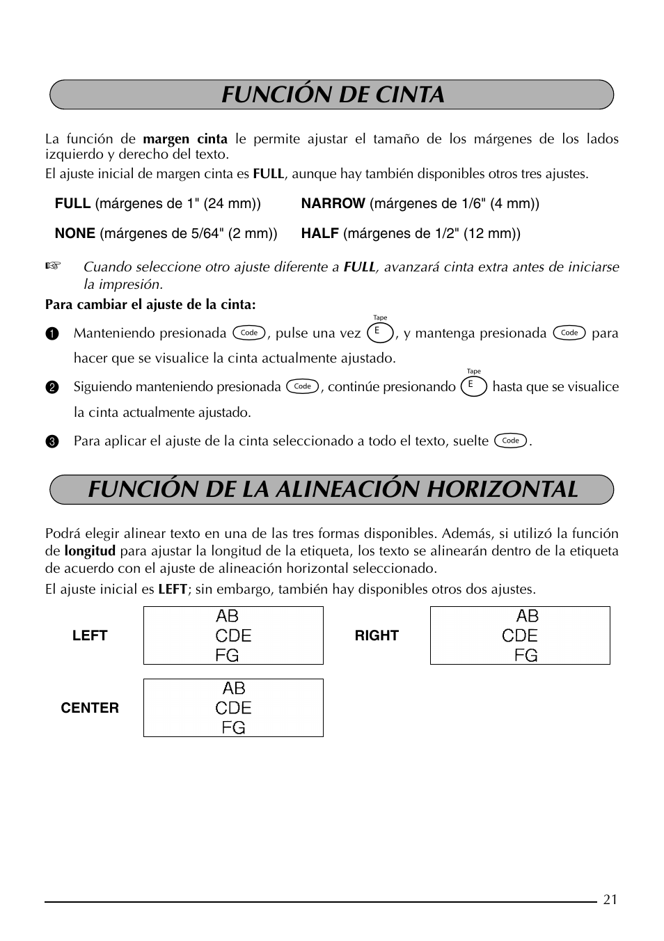 Función de cinta, Función de la alineación horizontal | Brother PT-1910 User Manual | Page 93 / 114