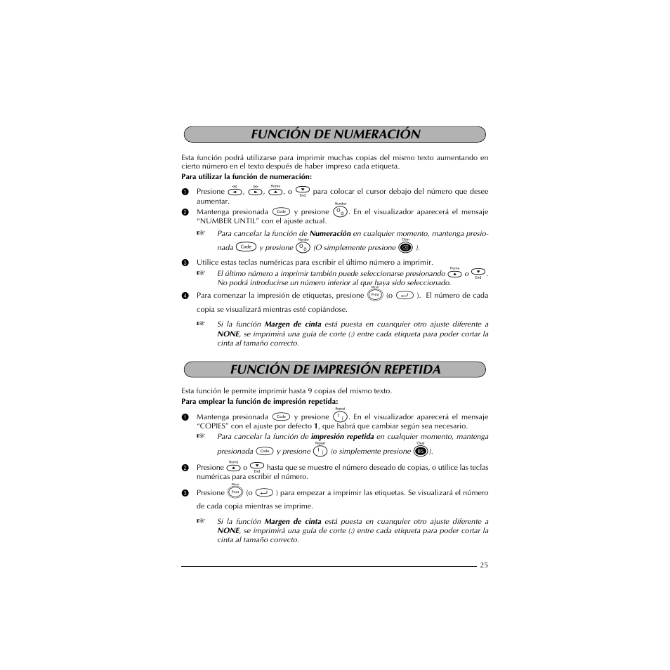 Función de numeración, Función de impresión repetida | Brother PT-1910 User Manual | Page 97 / 114