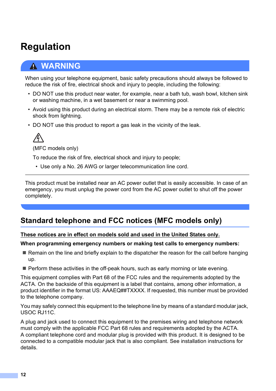 Regulation, Warning | Brother MFC-J4510DW User Manual | Page 12 / 19
