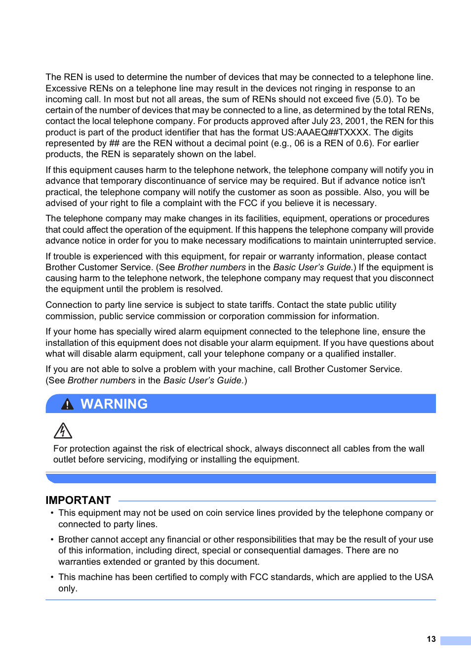 Warning, Important | Brother MFC-J4510DW User Manual | Page 13 / 19