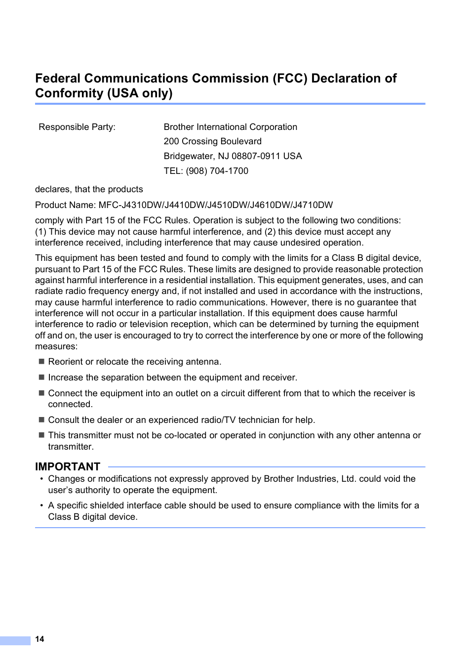Important | Brother MFC-J4510DW User Manual | Page 14 / 19