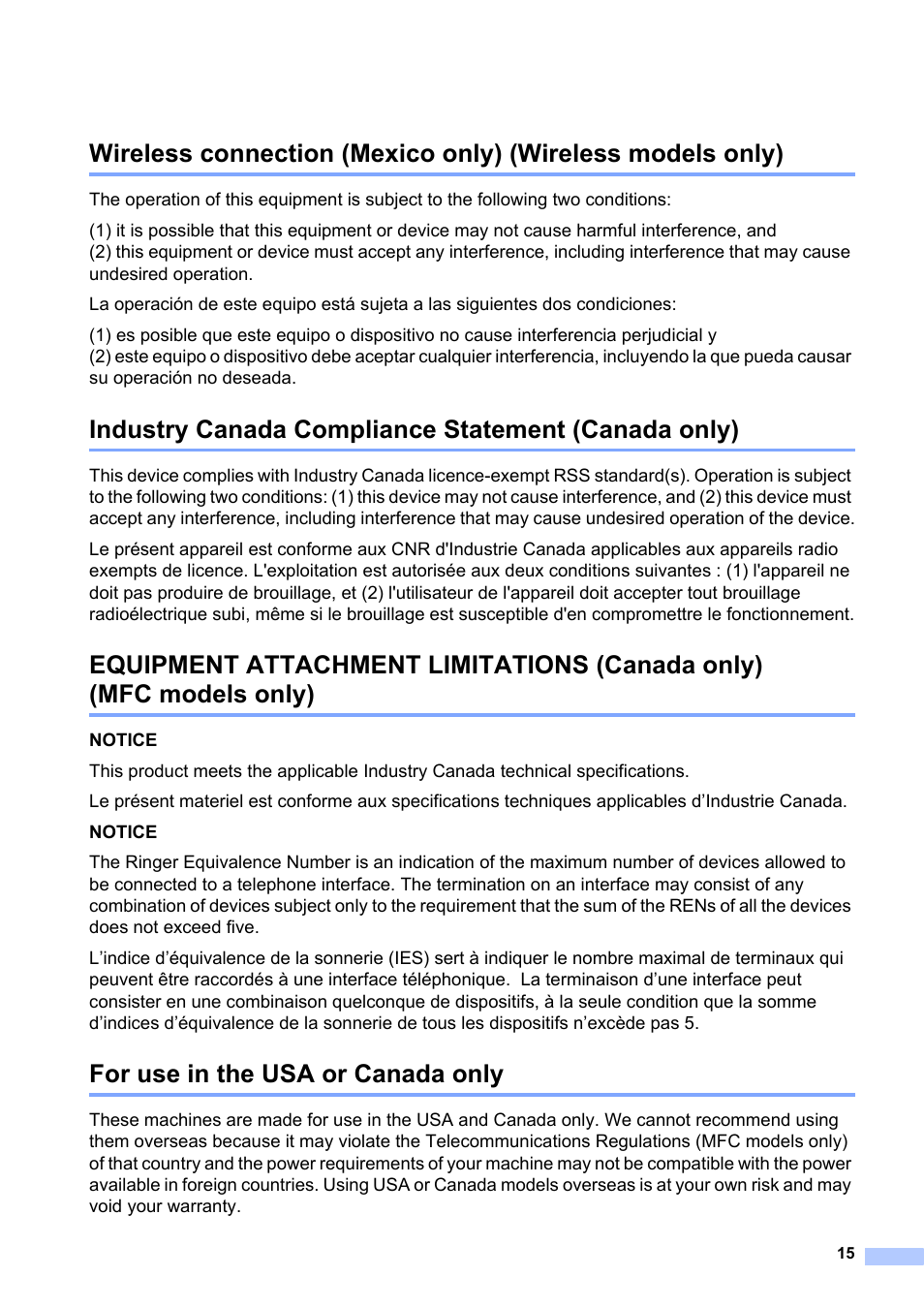 Industry canada compliance statement (canada only), For use in the usa or canada only, Lan connection (network models only) | Brother MFC-J4510DW User Manual | Page 15 / 19