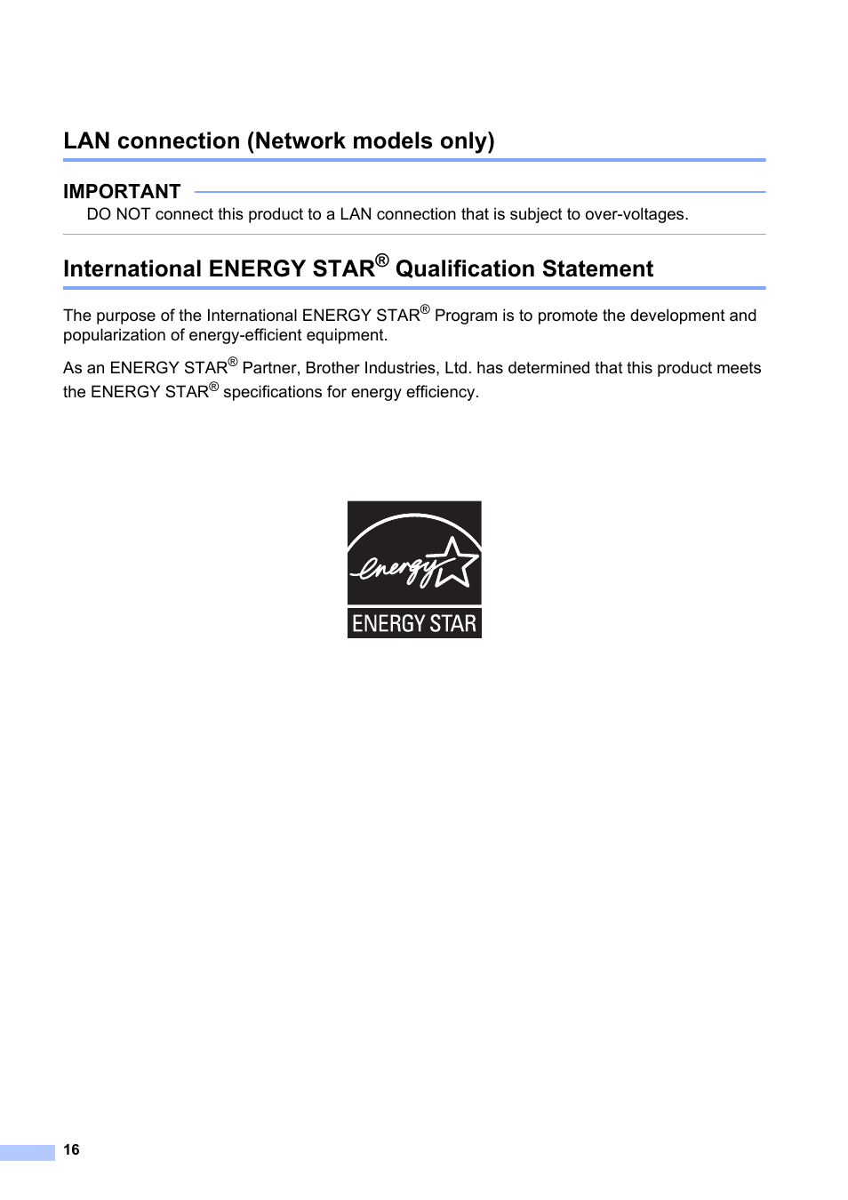 International energy star® qualification statement, Lan connection (network models only), International energy star | Qualification statement, Important | Brother MFC-J4510DW User Manual | Page 16 / 19