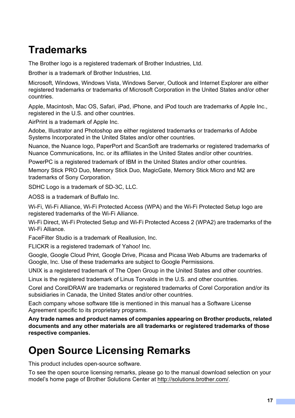 Trademarks, Open source licensing remarks | Brother MFC-J4510DW User Manual | Page 17 / 19