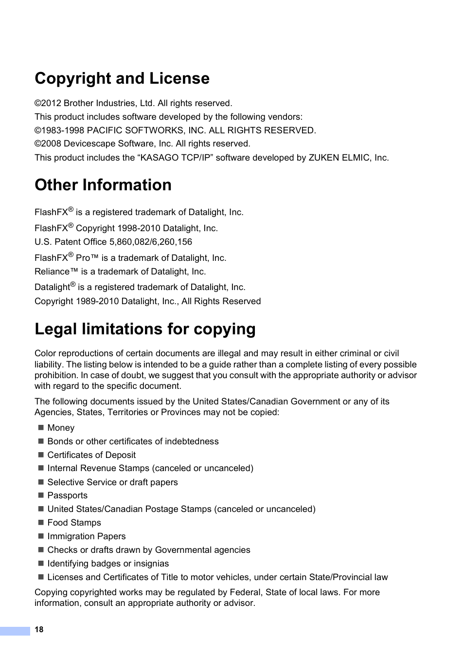 Copyright and license, Other information, Legal limitations for copying | Brother MFC-J4510DW User Manual | Page 18 / 19