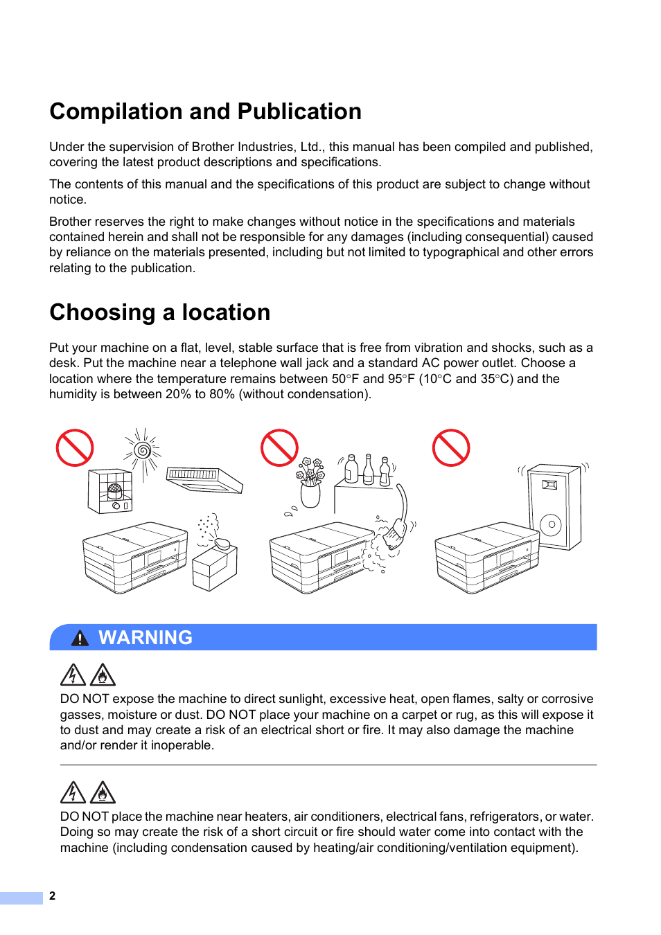 Compilation and publication, Choosing a location, Warning | Brother MFC-J4510DW User Manual | Page 2 / 19
