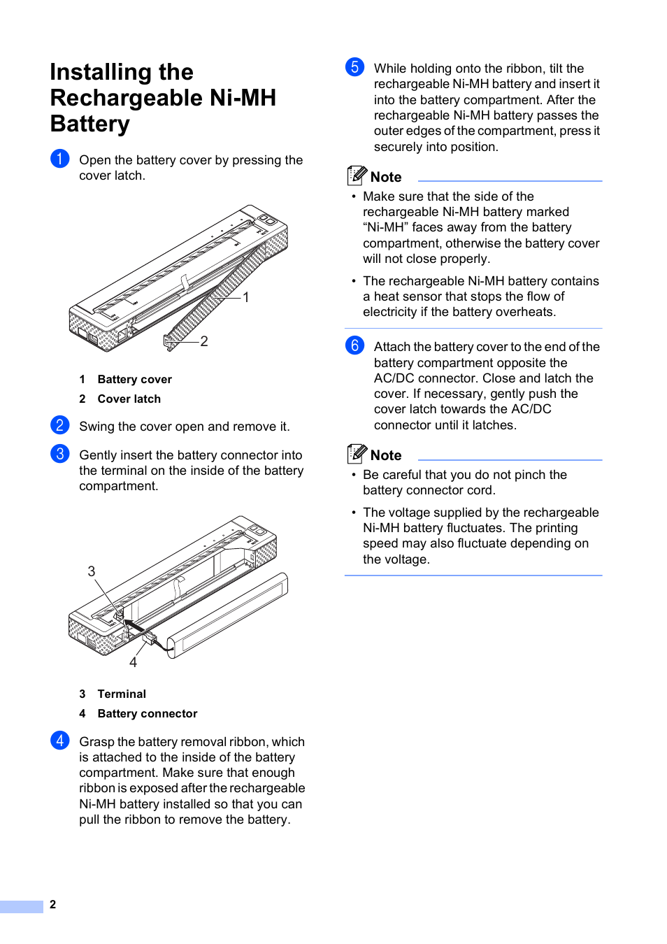 Installing the rechargeable ni-mh battery | Brother Pocket Jet6 w BT PJ-662 User Manual | Page 3 / 7