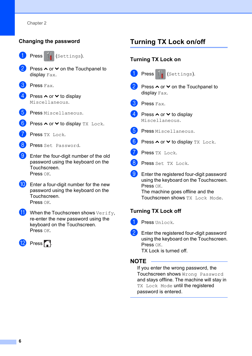 Changing the password, Turning tx lock on/off, Turning tx lock on | Turning tx lock off | Brother MFC-J285DW User Manual | Page 10 / 54