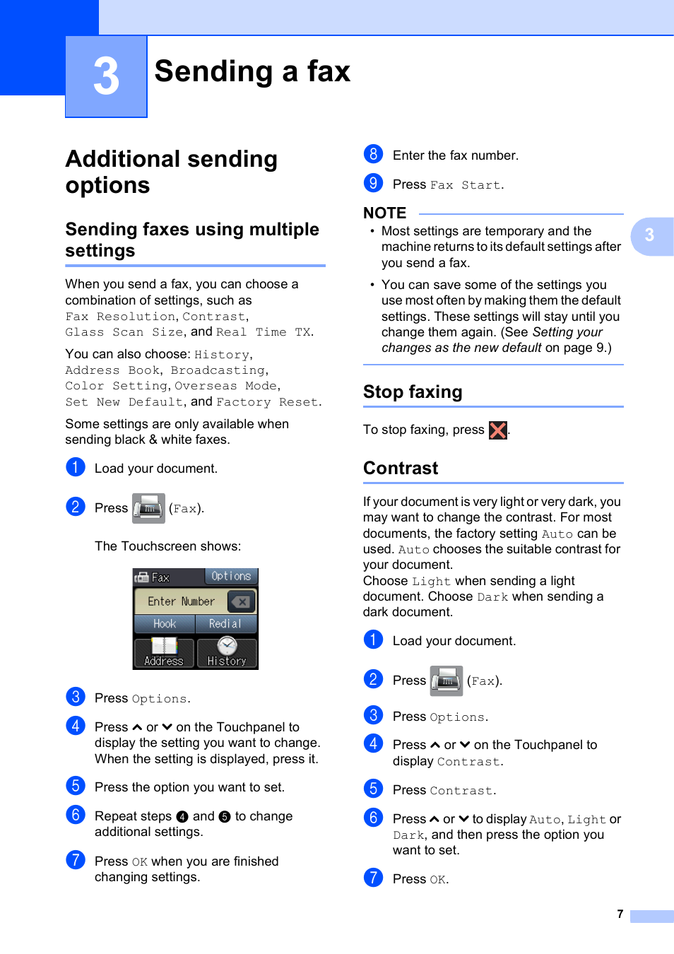 3 sending a fax, Additional sending options, Sending faxes using multiple settings | Stop faxing, Contrast, Sending a fax | Brother MFC-J285DW User Manual | Page 11 / 54